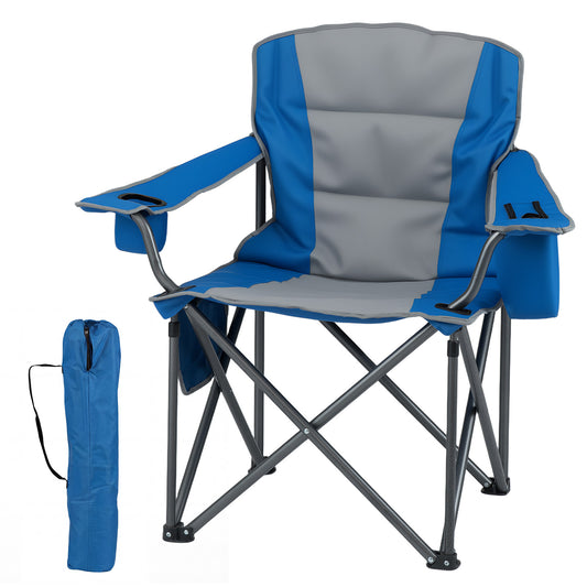 Portable Oversized Camping Chair shown in blue and grey with its matching blue storage carry bag