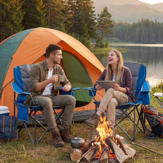 The camping furniture being used by a couple sitting by a campfire in front of a large orange tent