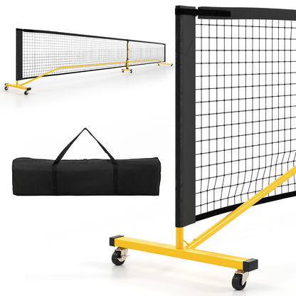 Portable Regulation Size Pickle Ball Net System with a black carry bag on a white background
