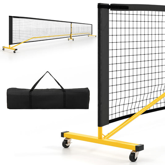 Portable Regulation Size Pickle Ball Net System with a black carry bag on a white background