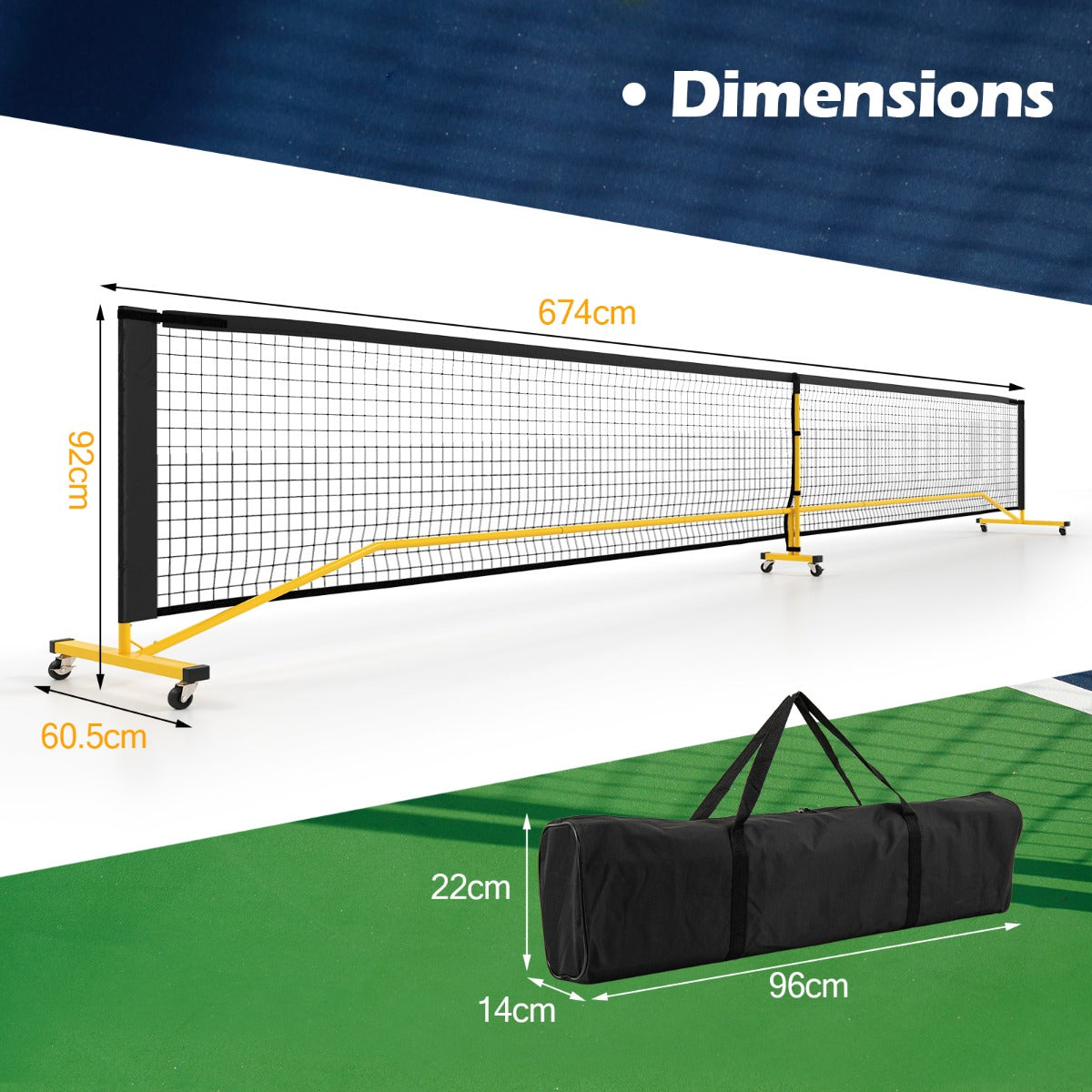 Portable Regulation Size Pickle Ball Net System, the sport equipment and carry bag shown with technical dimension lines