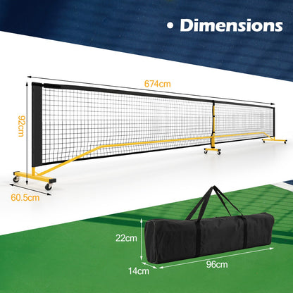 Portable Regulation Size Pickle Ball Net System, the sport equipment and carry bag shown with technical dimension lines
