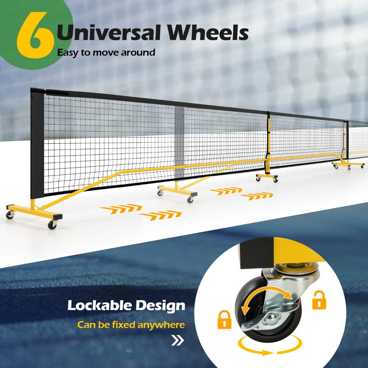 The sport equipment showing the wheels and a close-up of the locking mechanism