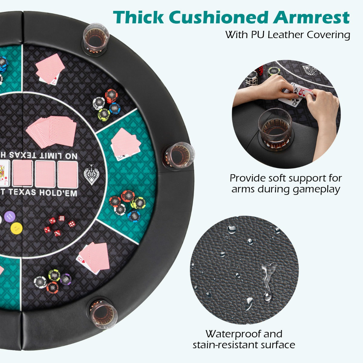 Close-up of the cushioned armrest and waterproof surface of the blackjack board game mat