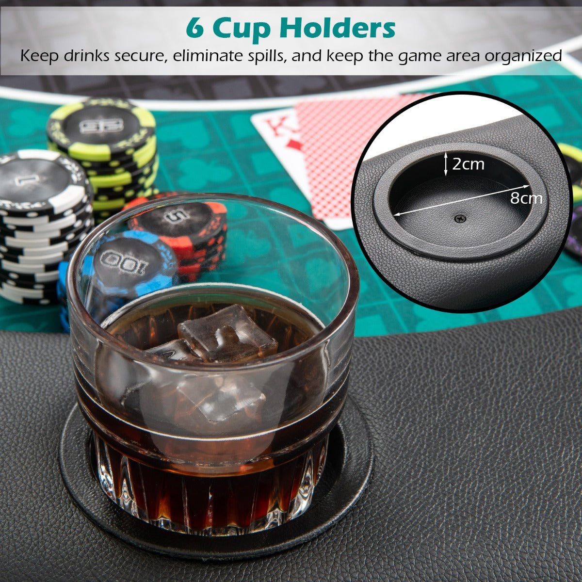 Close-up of a cup holder on the blackjack board game mat showing its dimensions