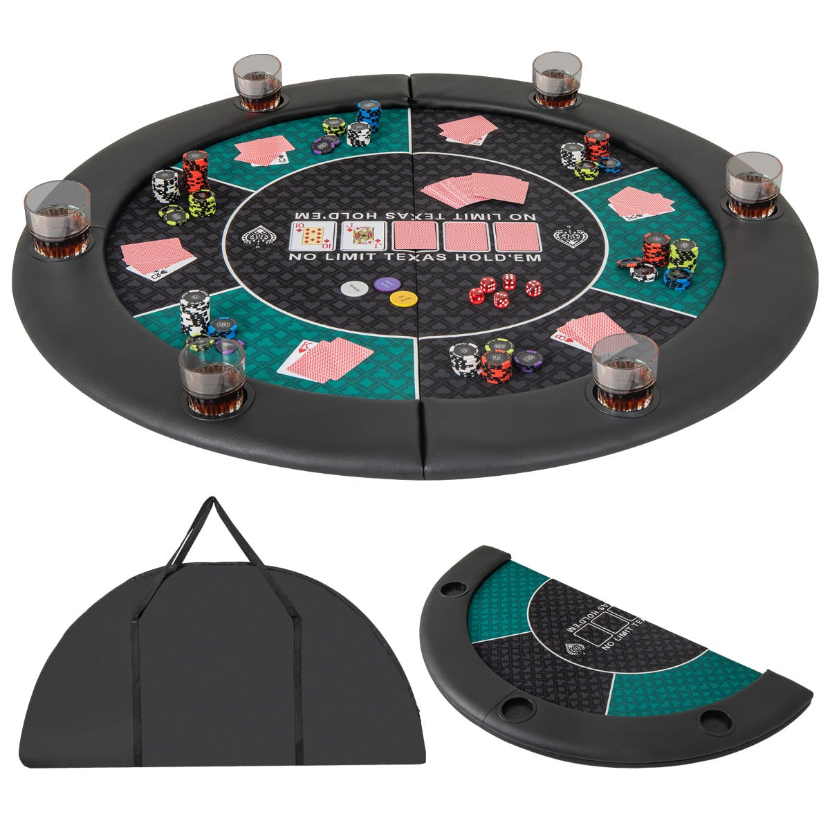The green blackjack board game mat folded in half next to its black carrying bag