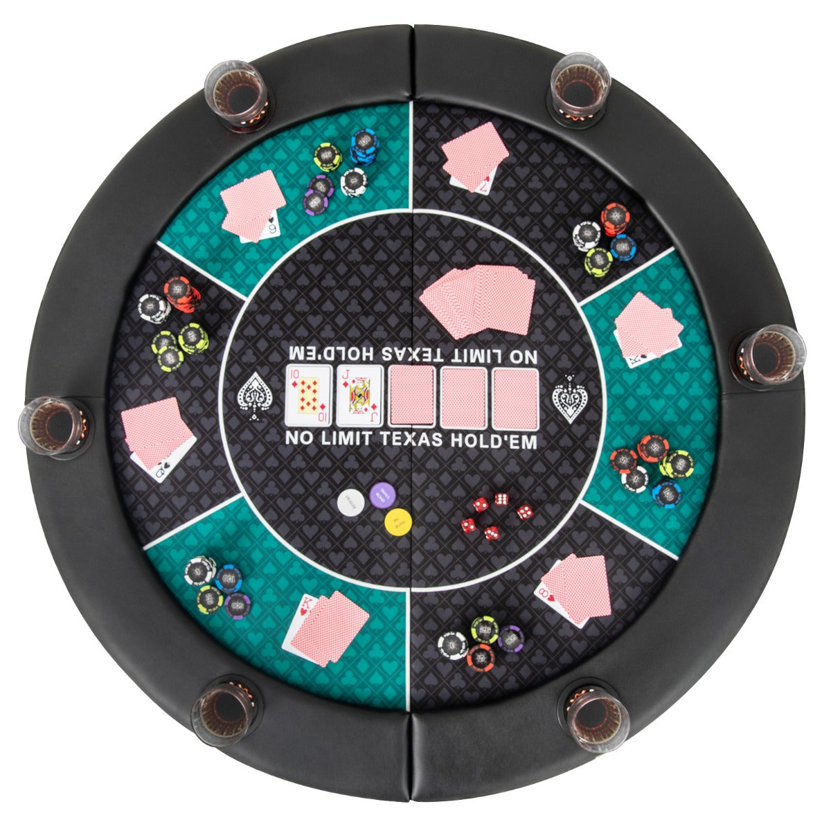 Portable Round Blackjack Board Game Mat with Carrying Bag laid out flat showing green playing surface and black padded edge