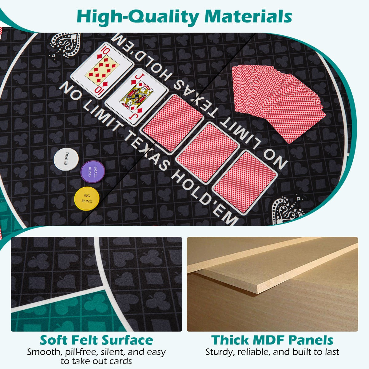 Close-up of the felt surface and MDF panels of the blackjack board game mat