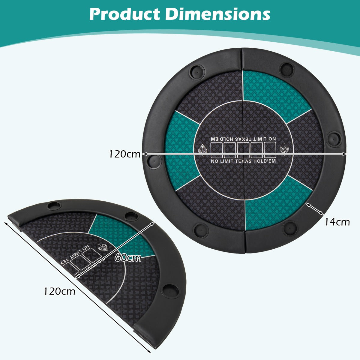 Product dimensions diagram showing the round blackjack board game mat folded and unfolded