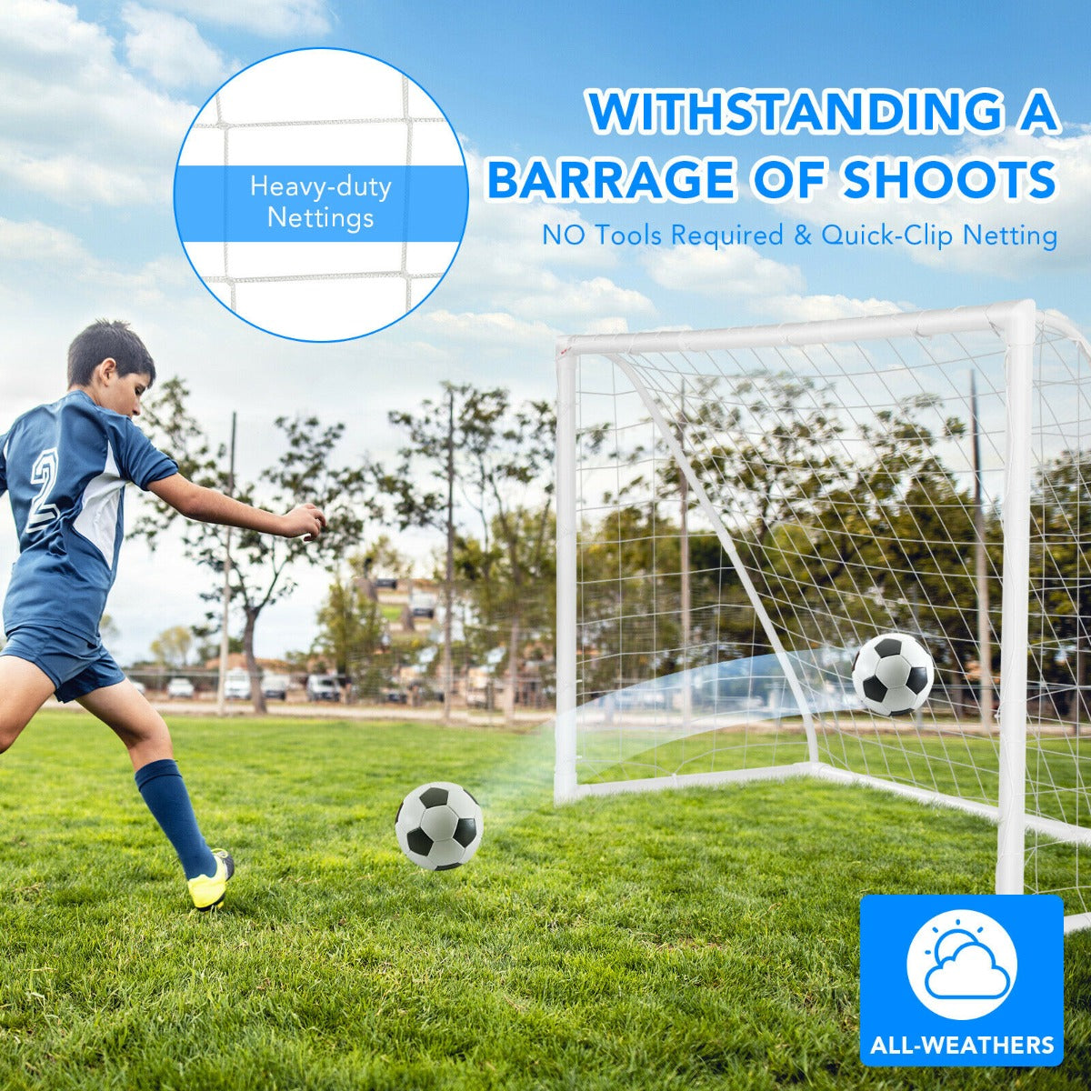 The soccer goal being used by a boy kicking a ball on a field during the day