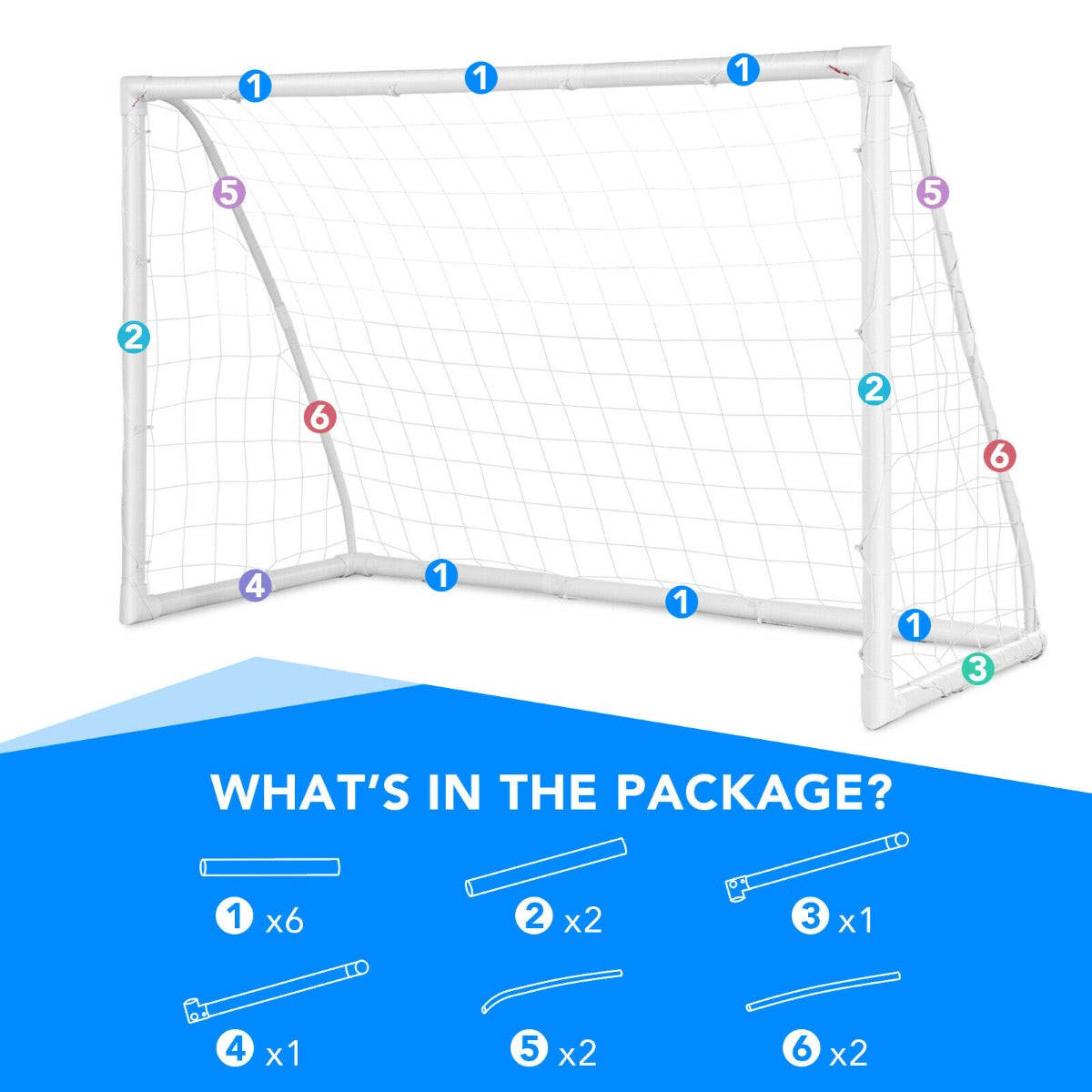 The soccer goal frame components displayed with numbered labels for assembly
