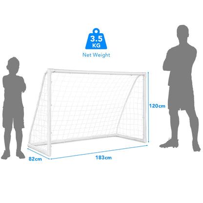 The soccer goal shown with silhouette figures and dimensions for size reference