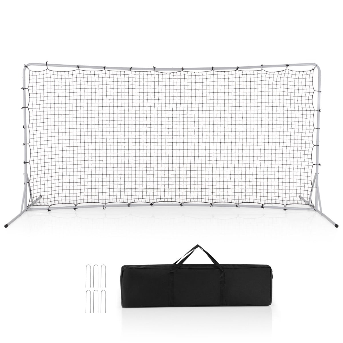 White metal frame soccer rebounder net with black net, including a black carry bag and stakes