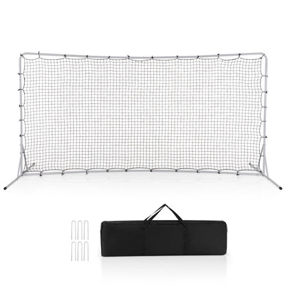 White metal frame soccer rebounder net with black net, including a black carry bag and stakes