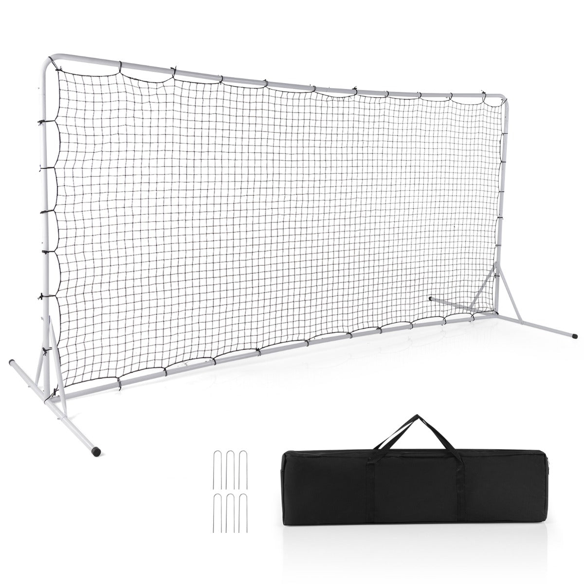 Portable Soccer Rebounder Net with Carry Bag, a white metal frame with a black net, shown with a carry bag and stakes
