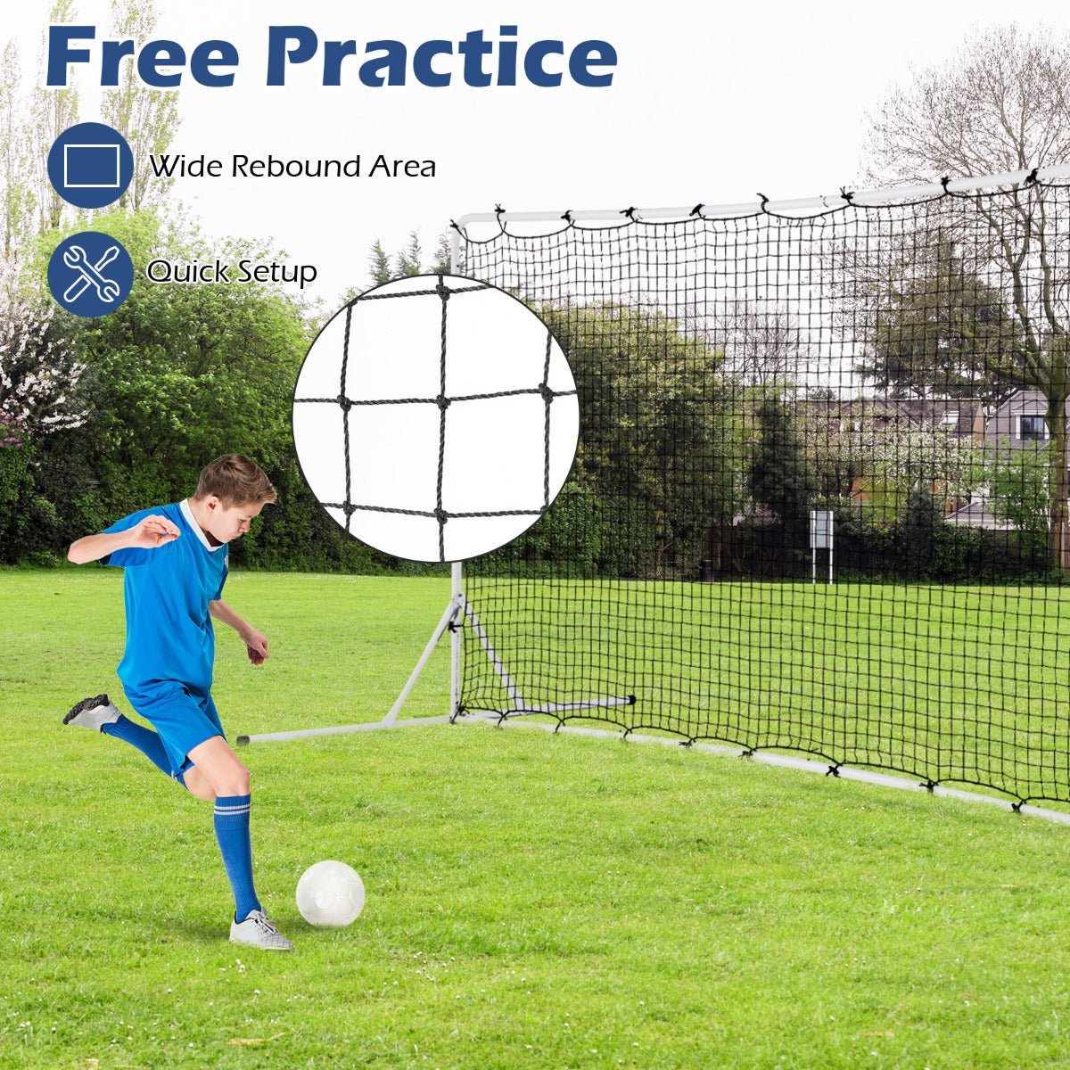 Boy in a blue football kit kicking a ball at the rebounder net, with text about free practice