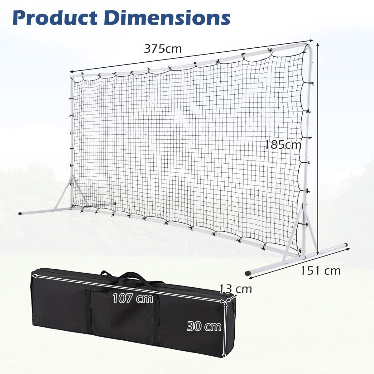 Soccer rebounder net with dimensions labelled, next to a carry bag with dimensions labelled