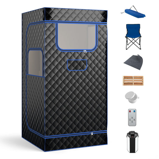 Portable Steam Sauna for Home with 3L Steam Generator in black quilted fabric with blue trim