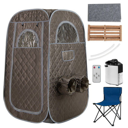 Portable Steam Sauna Tent with steam generator, chair, and accessories shown on a white background