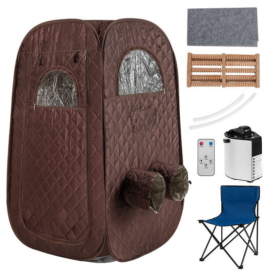 Portable Steam Sauna Tent with steam generator, chair, and accessories shown on white background
