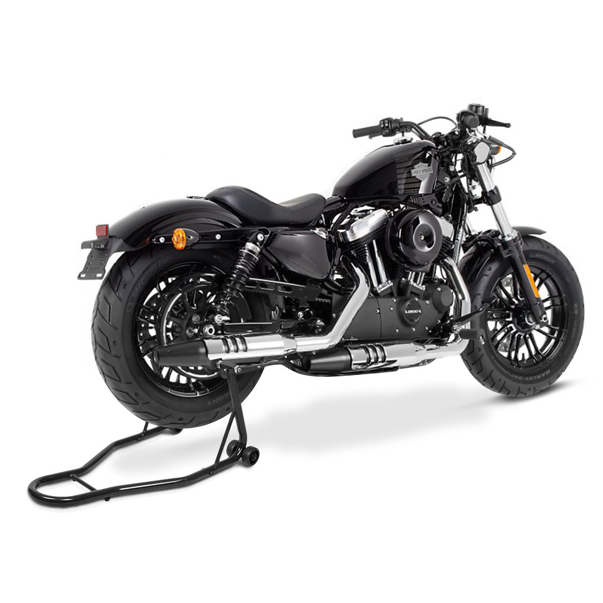 A black cruiser motorcycle is supported by the rear wheel lift stand
