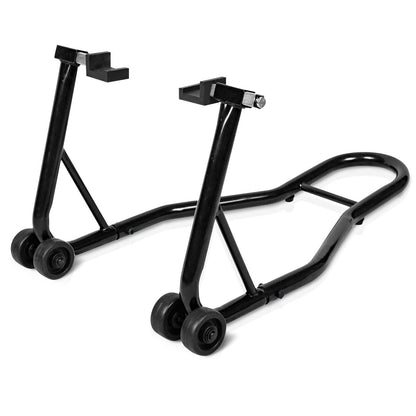 The black steel motorcycle stand viewed from a slightly elevated side angle