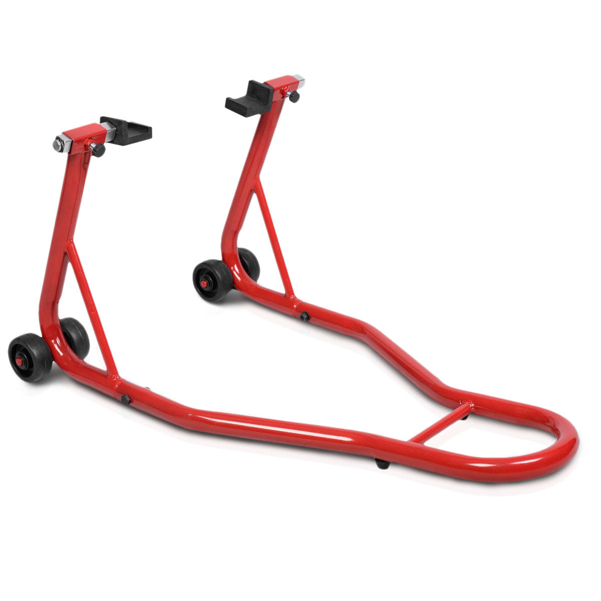 Portable Steel Motorcycle Stand Sport Bike Rear Wheel Lift in red, a sturdy metal stand with wheels