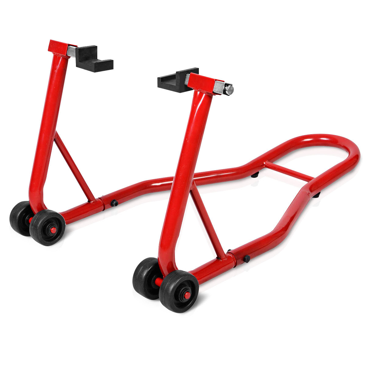 Red steel motorcycle stand with black wheels, shown from a side angle