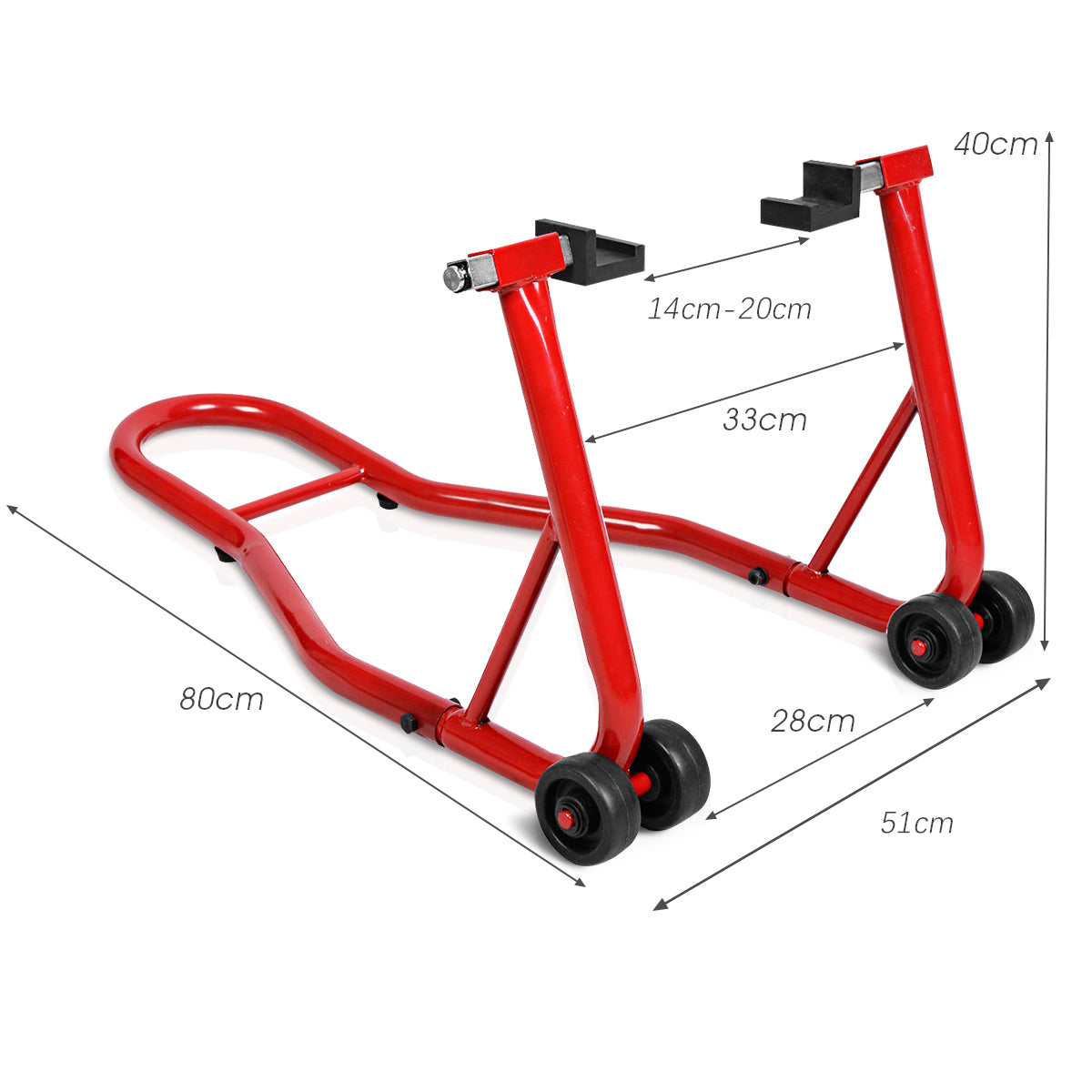 Red motorcycle stand with dimensions marked, showing size and proportions