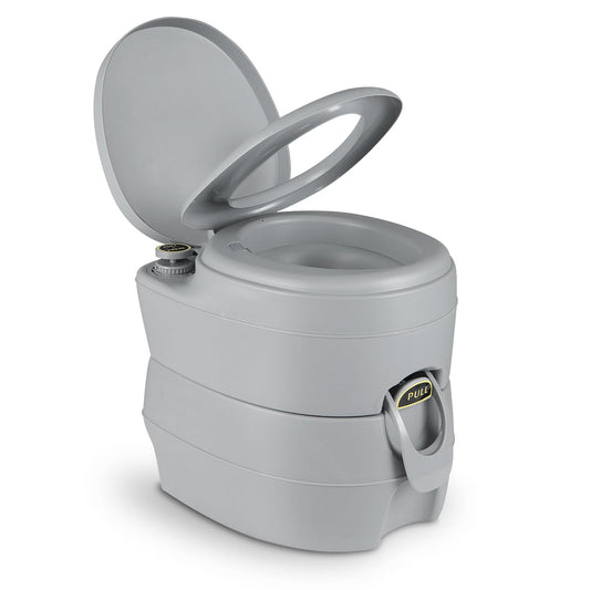 Portable Toilet with 20 L Detachable Waste Tank shown in dark grey with the lid and seat open