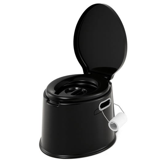 Portable Travel Toilet with an open lid and a side mounted roll holder