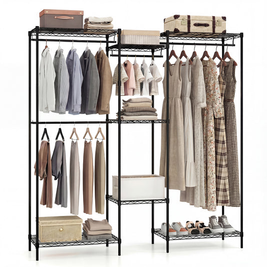 Portable Wardrobe Convertible Clothes Organizer with L-shape and Horizontal Installation-Black, showing the assembled unit