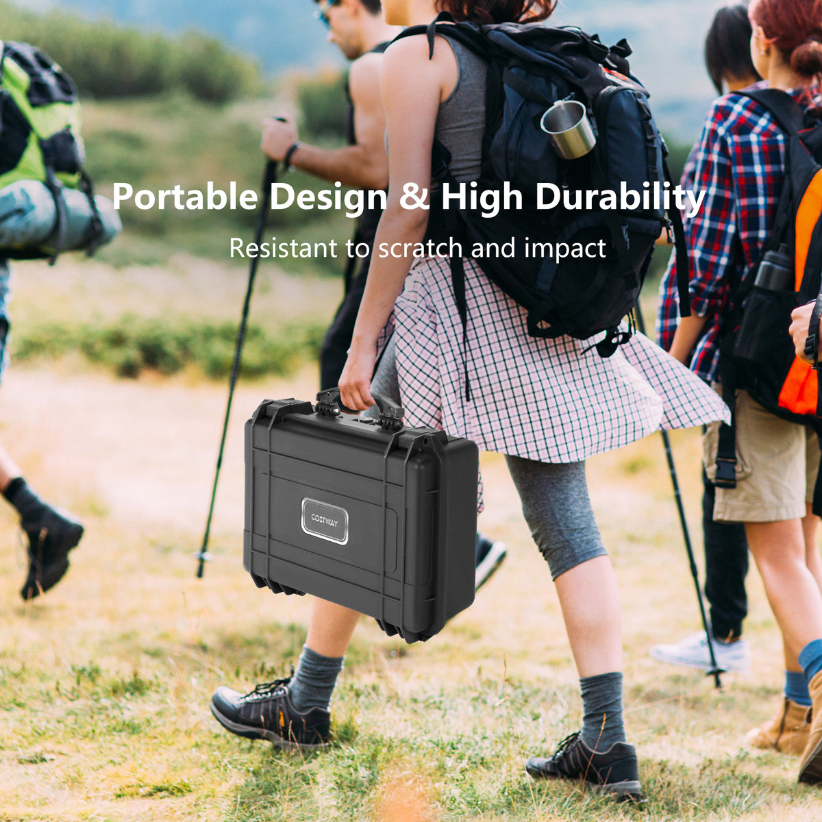The hard case being carried by a person on a hike