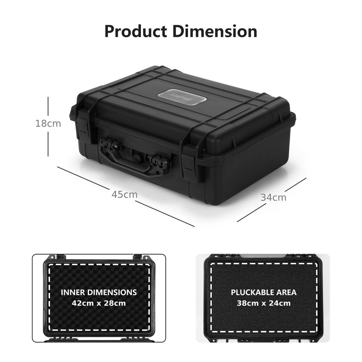 The hard case with foam interior, showing dimensions