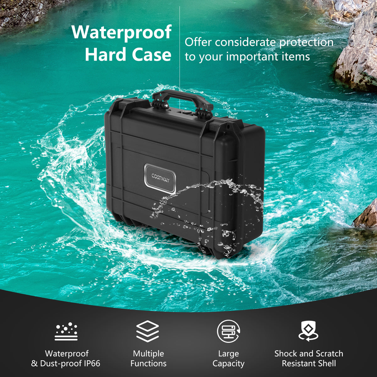 The hard case in water, showing its waterproof nature