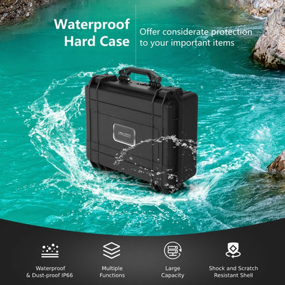 The waterproof hard case is shown submerged in water