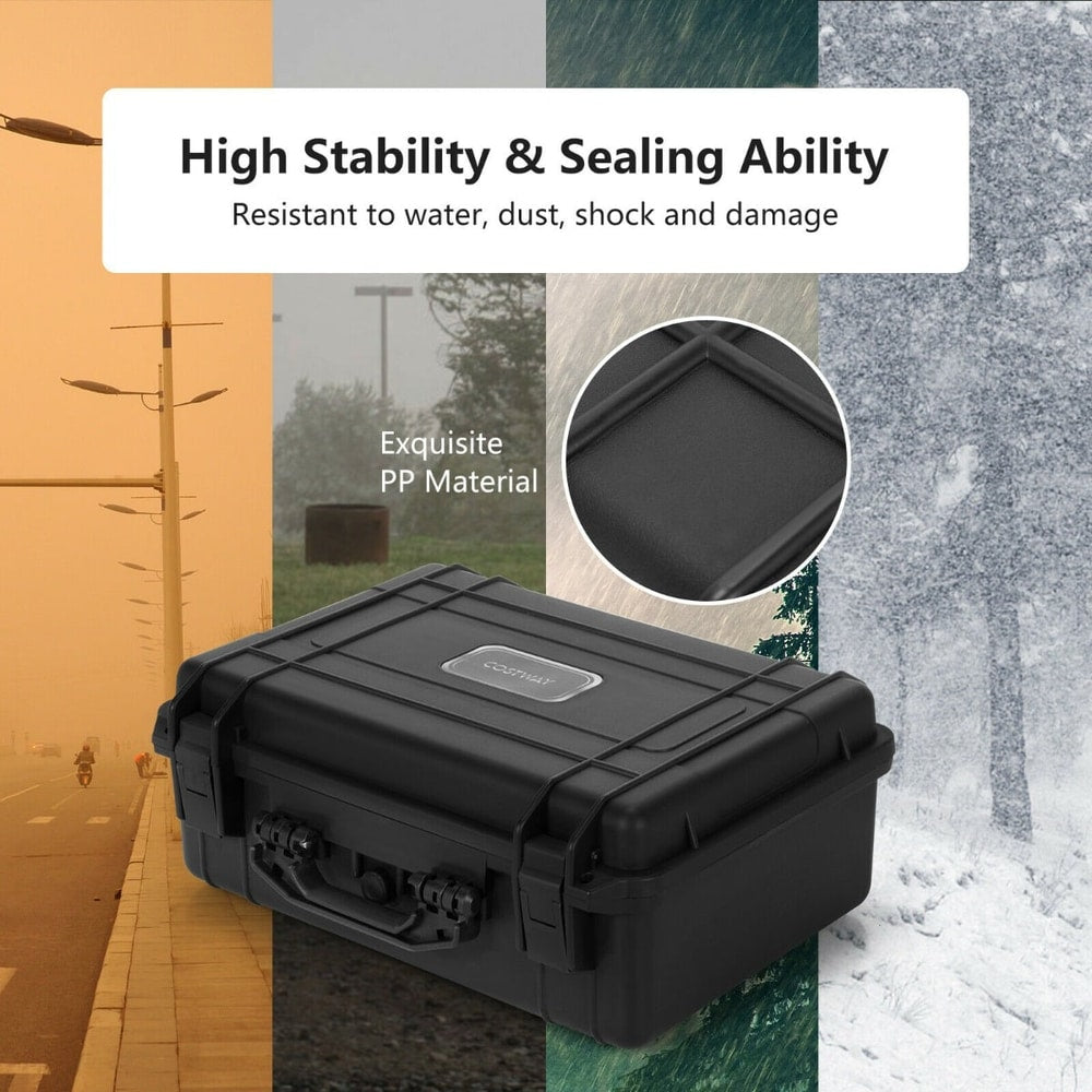 The camping case is shown in different weather conditions