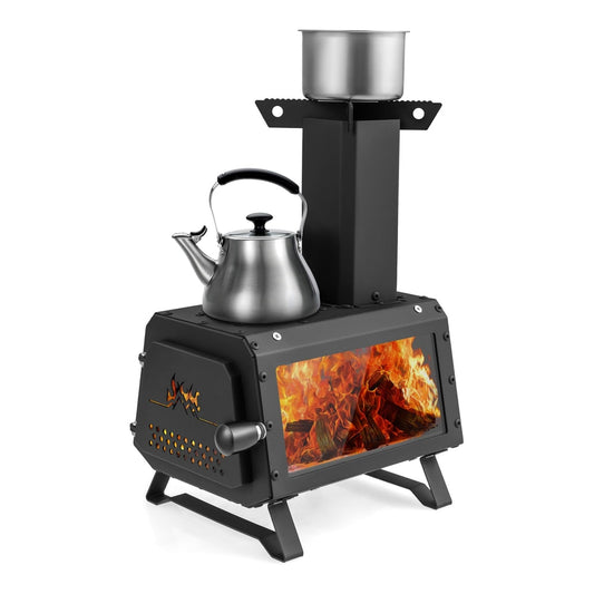 Portable Wood Burning Stove with 2 Cooking Positions featuring a kettle and pot on top