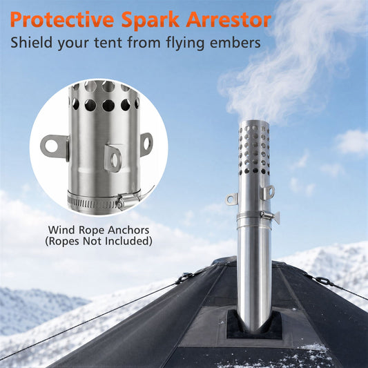The camping furniture chimney top with a spark arrestor protruding from a tent roof