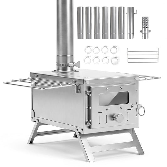 Portable Wood Burning Stove with all included chimney pipes and metal accessories laid out