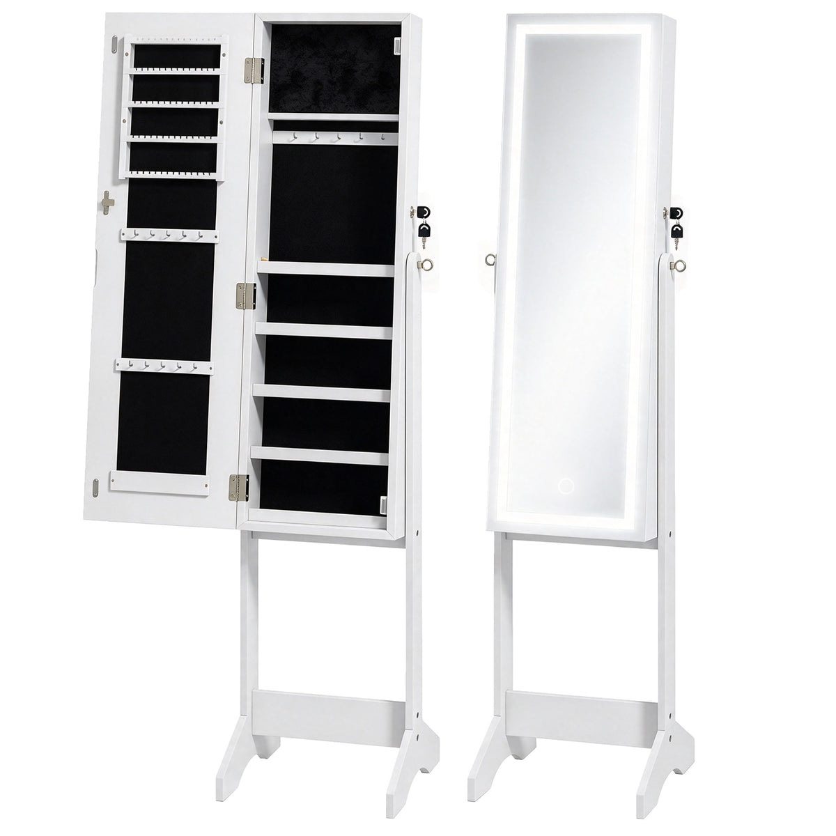 HOMCOM Mirror Jewelry Cabinet with LED Light, Freestanding Lockable Full Length Mirror with Storage, 3 Angles Adjustable, White