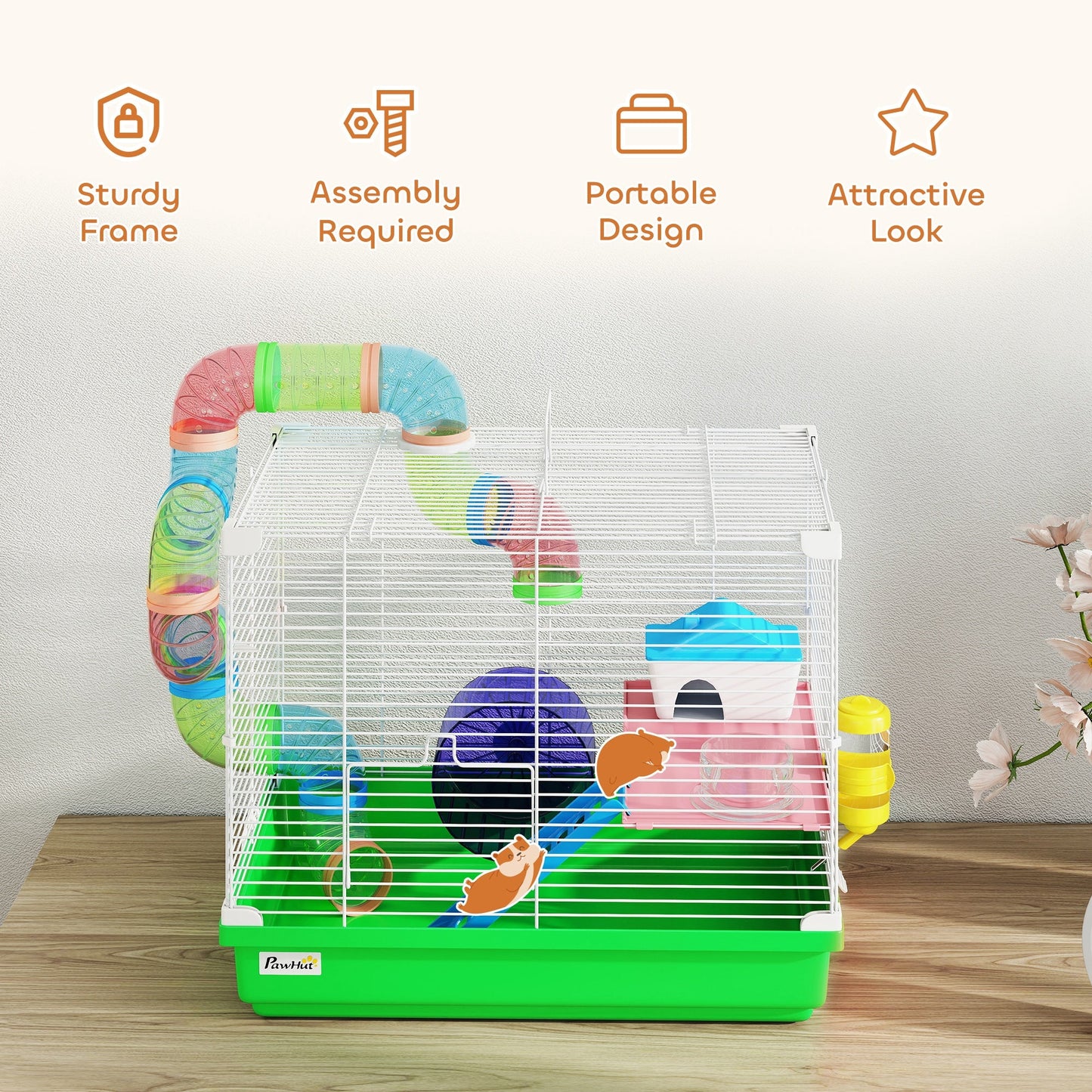 PawHut 2 Tier Hamster Cage, Gerbil Cage with Handle, Exercise Wheels, Tunnel, Water Bottle, Dishes, Ladder, for Dwarf