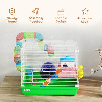 PawHut 2 Tier Hamster Cage, Gerbil Cage with Handle, Exercise Wheels, Tunnel, Water Bottle, Dishes, Ladder, for Dwarf
