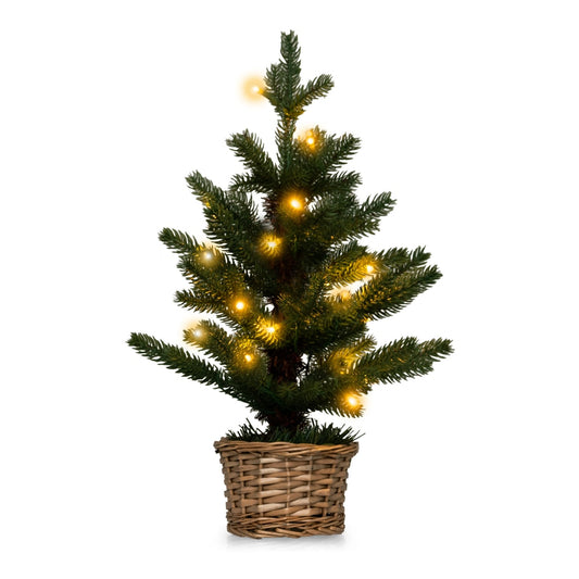 Pre-lit Artificial Mini Christmas Tree with 96 Branch Tips in a woven basket, lit with warm white lights