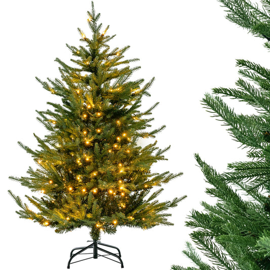 Pre-Lit Christmas Tree standing with warm lights illuminated and a close-up of the green branches