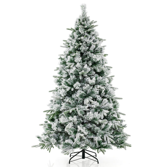 Pre-Lit Snow Flocked Christmas Tree standing on a metal base against a plain white background