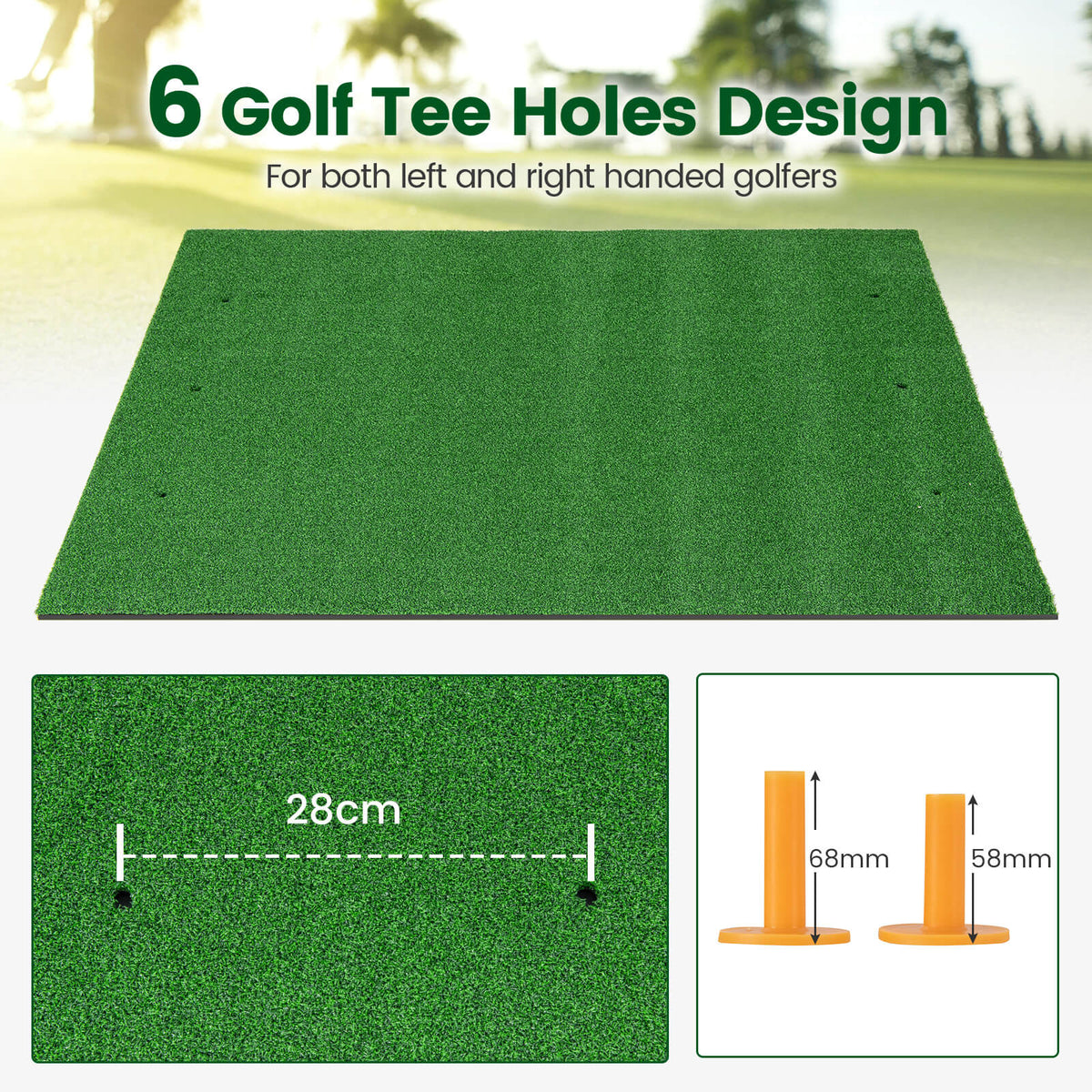 The golf practice mat highlighting the six tee holes for left and right handed golfers
