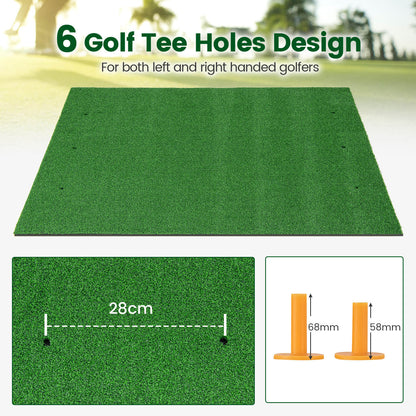 The golf practice mat highlighting the six tee holes for left and right handed golfers