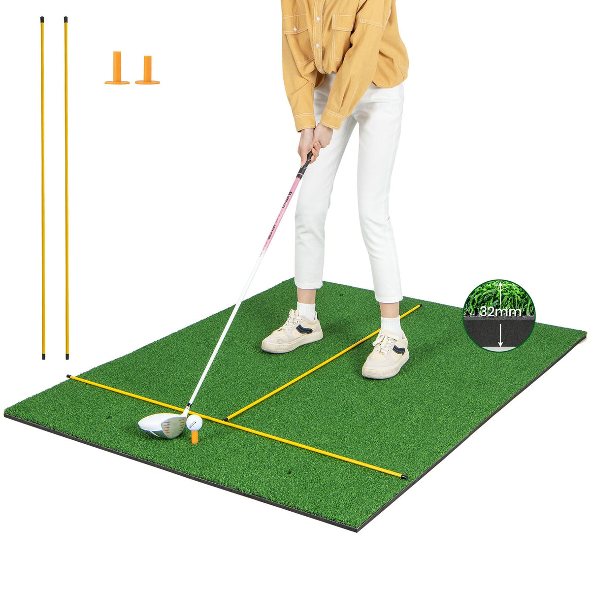 Premium Golf Practice Hitting Mat 3-In-1 with alignment sticks and golf tees on a white background