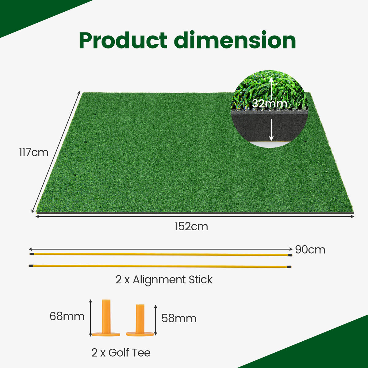 The golf practice mat showing dimensions for the turf and included accessories